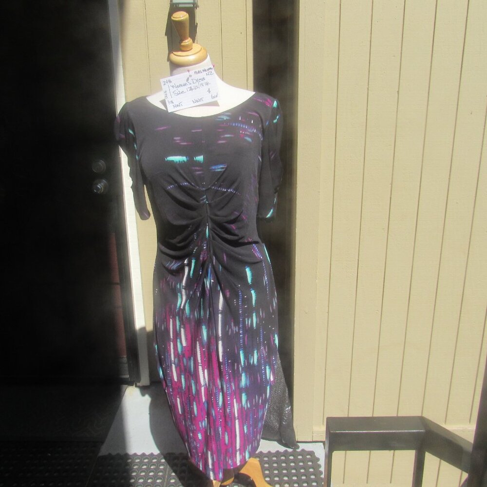 #243  NEW WOMEN'S BLACK PRINT DRESS BY M&S  (SIZE 14US / 18UK)